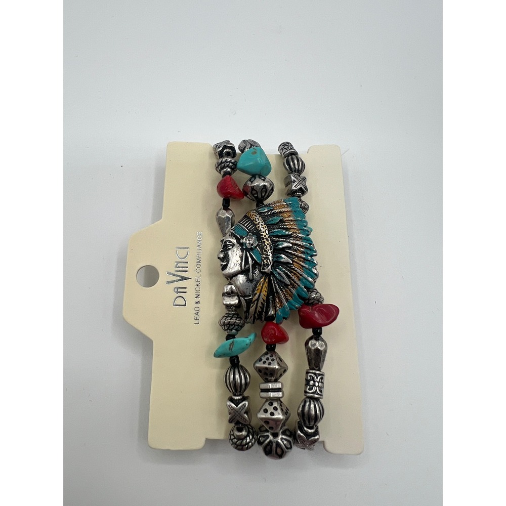DaVinci Western Chief Head Stretch Bracelet Set Turquoise Red Silver Tone 3pc